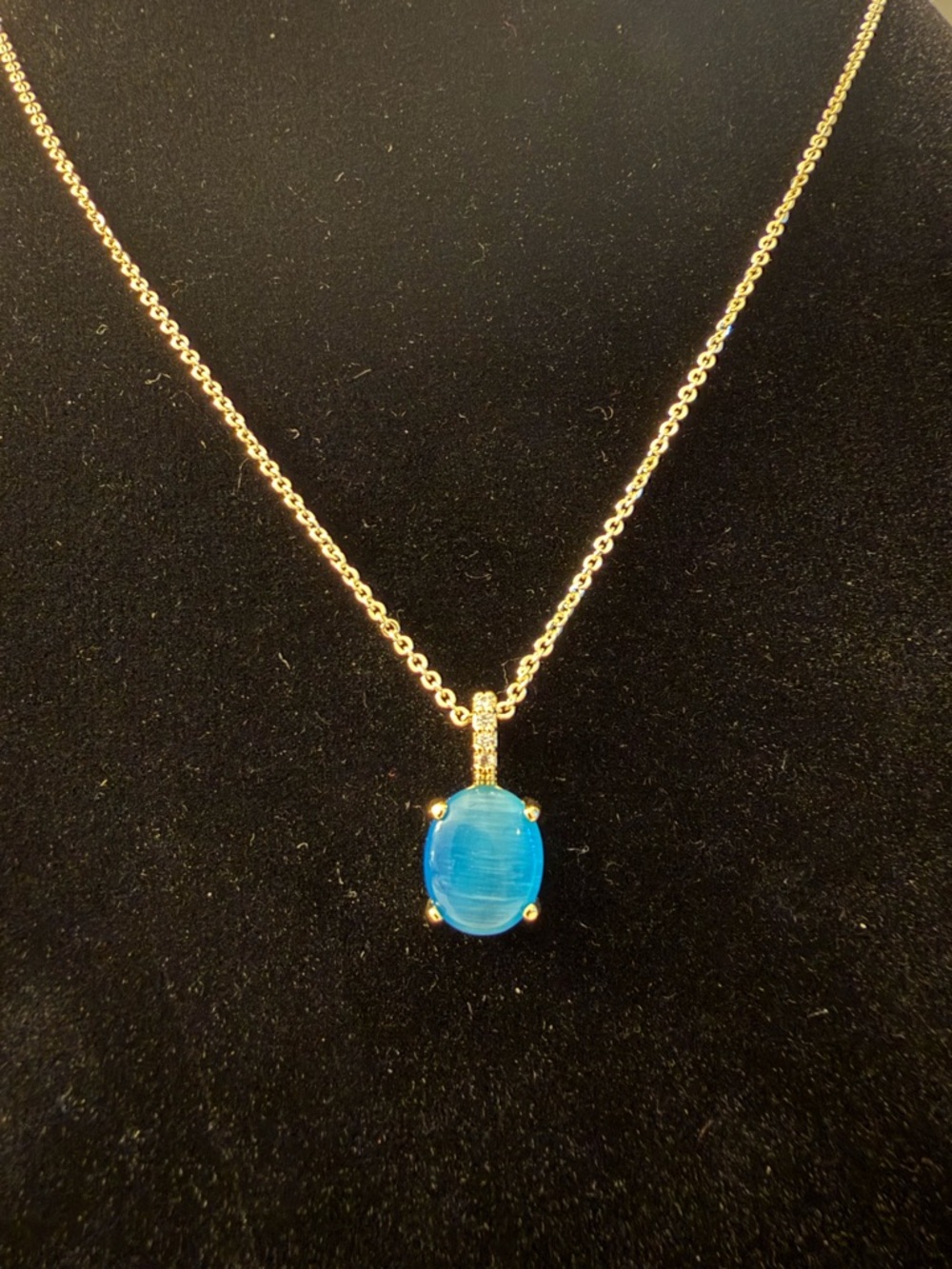 🆕 14k Gold Plated Chain Necklace with Blue Oval Pendant 16”+2”ext.